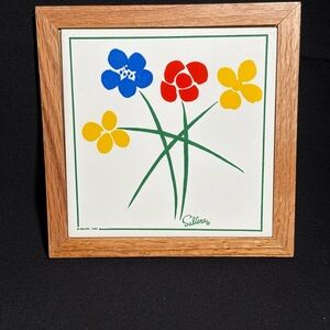Floral Tile Art with Wooden Frame
